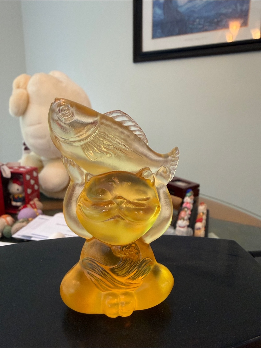 Amber Glass Cat Figurine with Fish Accent - Decorative Glass Sculpture